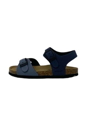 Sandalo per bambini con cinturini regolabili blu navy, plantare in sughero e suola nera, mostrato di profilo su sfondo bianco.