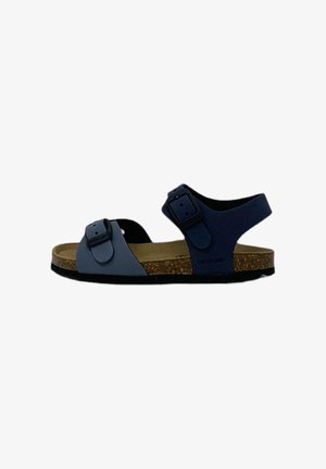 Sandalo per bambini con cinturini regolabili blu navy, plantare in sughero e suola nera, mostrato di profilo su sfondo bianco.