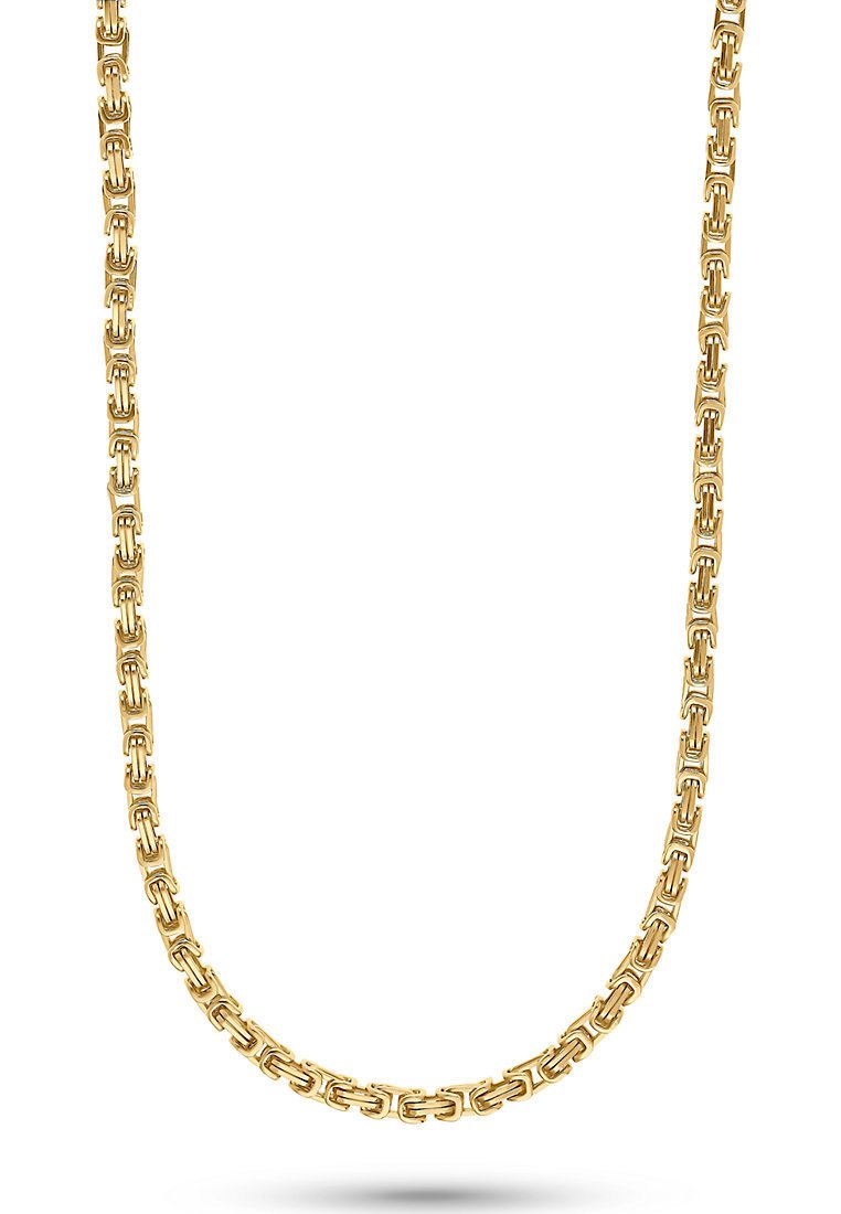 Guld kæderegnd med sammenflettede led, der har en glat, poleret overflade. Ensartet form og ensartet farve hele vejen igennem.