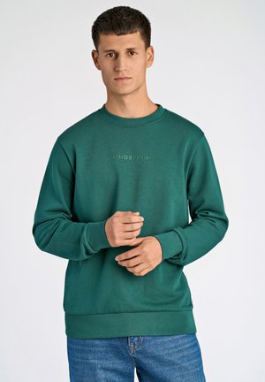 Grüner Rundhals-Sweatshirt aus strukturiertem Stoff. Verfügt über gerippte Bündchen und Saum, mit geprägtem Markenlogo auf der Brust und einem lässigen Schnitt.