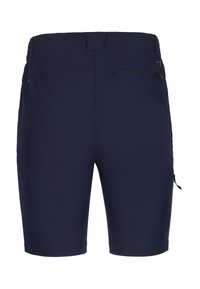 Marinblå shorts i lätt tyg med platt midja, en bakficka med dragkedja och en sidoficka med dragkedjedetaljer.