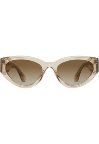 Cat-eye solglasögon i genomskinlig beige plast, med bruna gradientlinser. Snygg, vinkelrät design med distinkta böjda kanter.