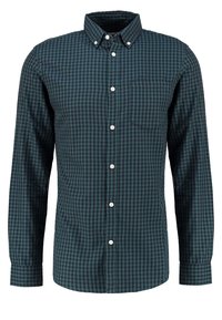 Groen en marineblauw geruit overhemd met knopen, lange mouwen, kraag, linkerborstzak en witte knopen. Gemaakt van katoen met een gladde textuur.