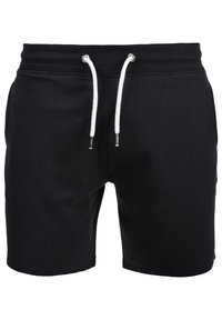 Shorts noirs en tissu coton mélangé, avec une taille élastique et des cordons blancs, ainsi que des poches latérales. Texture lisse, design décontracté.