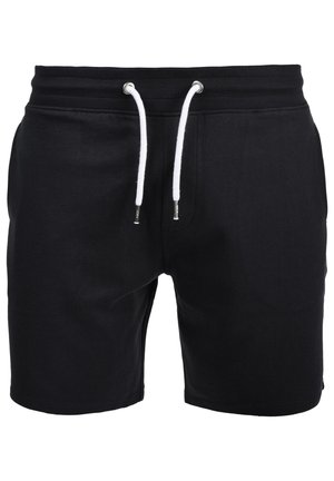 Pantaloni corti neri in tessuto misto cotone, con elastico in vita e coulisse bianche, dotati di tasche laterali. Texture liscia, design casual.