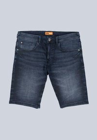Dark blue denim shorts with a front button closure, five pockets, and subtle distressed texture. Mid-length cut. Brand label visible.