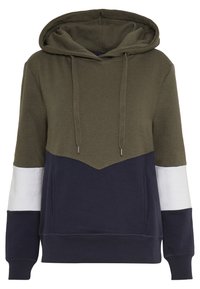 Sudadera color bloque en verde oliva y azul marino con rayas blancas de acento. Cuenta con capucha con cordón y una tela suave y texturizada.