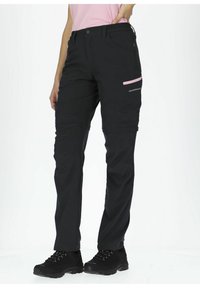 Svarta utomhusbyxor med slim fit, som har en rosa dragkedja, flera fickor och ett slitstarkt tyg med en mjuk yta.