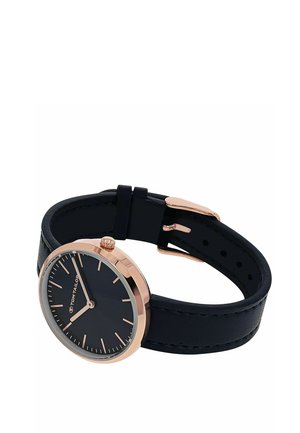 Schwarze Lederarmbanduhr mit Roségold-Gehäuse, schwarzem Zifferblatt, minimalistischen roségoldenen Stundenmarkierungen und passender roségoldener Schließe.