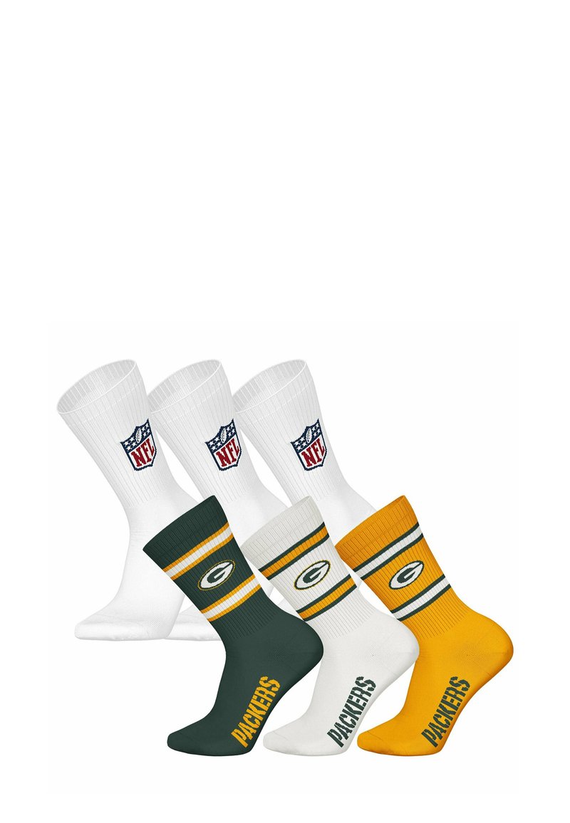 Juego de calcetines temáticos de los Packers que incluye tres pares: blancos con el logo de la NFL, verdes con acentos amarillos y amarillos con rayas blancas y logo.