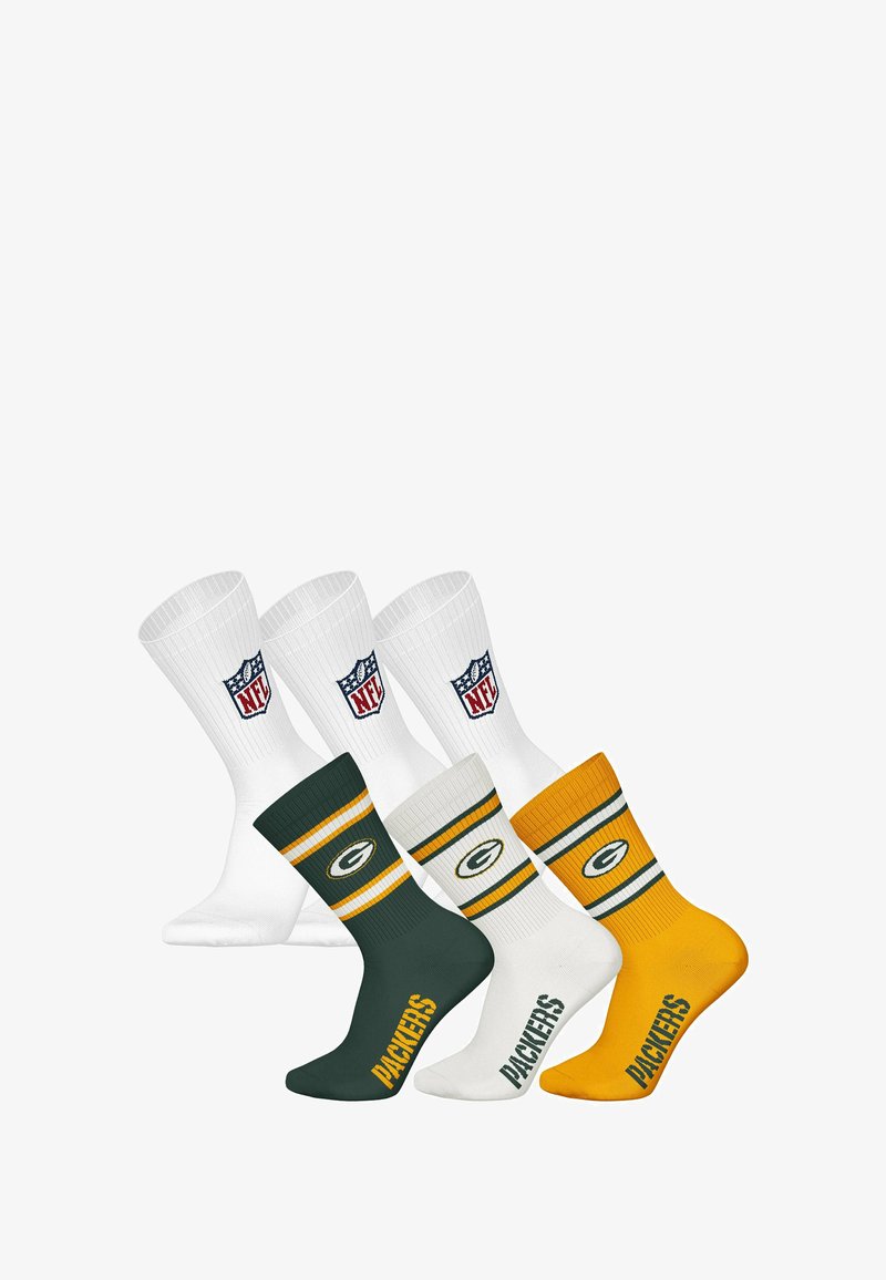 Juego de calcetines temáticos de los Packers que incluye tres pares: blancos con el logo de la NFL, verdes con acentos amarillos y amarillos con rayas blancas y logo.