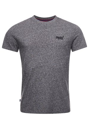 Grey short-sleeve t-shirt made of textured fabric, featuring a round neckline and a small black logo on the left chest area.