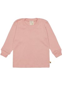 Lange mouwen roze katoenen T-shirt met een ronde hals, ribgebreide manchetten en een klein labelaccent aan de zijnaad. Glad van textuur.