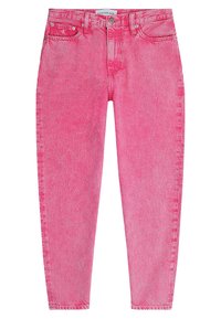 Jeans taper de cintura alta de color rosa brillante con cierre frontal de botón y cremallera, cinco bolsillos y etiqueta de Calvin Klein Jeans en la cinturilla.