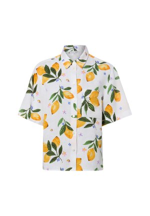 Weißes Kurzarmhemd mit Knopfleiste, mit einem Muster aus Zitronen und grünen Blättern sowie kleinen violetten Blumen, mit einer Brusttasche vorne.