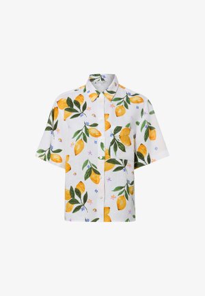 White short-sleeve button-up shirt with a lemon and green leaf pattern and small purple flowers, featuring a front chest pocket.
