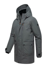 Grå isolerad jacka med huva, framsida med dragkedja, flera fickor och svarta detaljer. Har en texturerad foder och justerbara ärmslut.