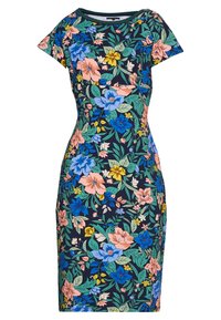 Bloemrijk jurkje met korte mouwen, donkere achtergrond, levendige roze, blauwe en gele bloemen, getailleerde pasvorm en rekbare stof voor comfort.