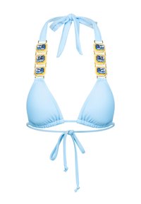 Ljusblå bikiniöverdel med triangelformade kupor, justerbara band och guldhardware med tre blå rhinstenar på banden.