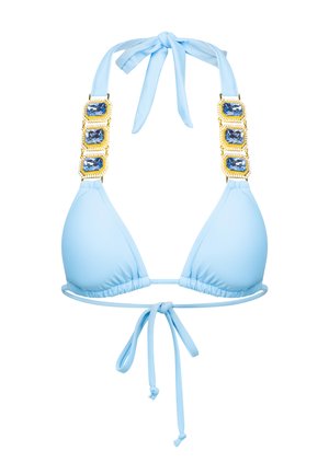 Haut de bikini bleu clair avec des bonnets en triangle, des liens réglables et des accessoires en or ornés de trois rhinestones bleus sur les bretelles.