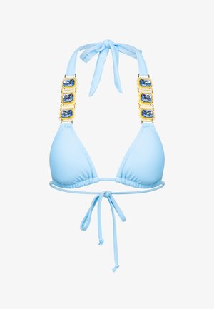 Lichtblauwe bikini-top met driehoekige cups, verstelbare banden en gouden hardware met drie blauwe strass-steentjes op de banden.