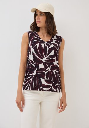 Débardeur sans manches avec un motif floral dans un bordeaux profond et blanc, fabriqué en tissu doux, présentant un col rond et une coupe décontractée.