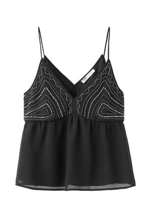 Zwarte mouwloze top met dunne bandjes, diepe V-hals en decoratieve zilveren kralenpatronen op het lijfje, met daaronder licht, vloeiend stof.