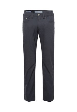 Dunkelgraue Chinos aus Baumwolle, mit geradem Bein, fünf Taschen und Metallbeschlägen.