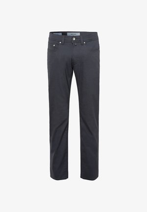 Donkergrijze chinos van katoen, met een recht model, vijf zakken en metalen hardware accenten.