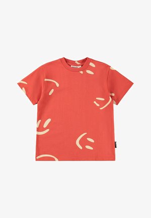 Koraalroze T-shirt van katoen, met beige smiley-patronen. Korte mouwen en een ronde hals. Label aan de zijkant.