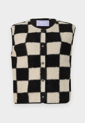 Black and cream checkered fleece vest with a round neckline, front snap buttons, and contrasting trim around the edges.