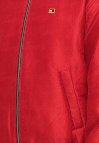 Punane pommertagur, millel on lukuga esitasku, küljetasku ja väike logopatch. Valmistatud siledast kangast, millel on peen muster.