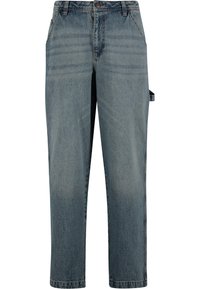 Light blue denim pants with a straight-leg design, five pockets, and a belt loop. Features a subtle faded texture and button closure.