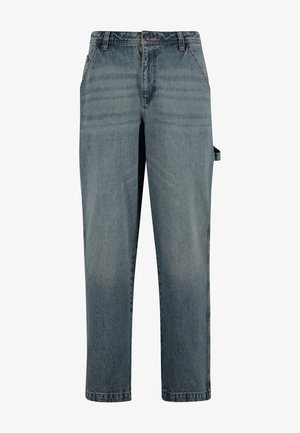 Pantaloni in denim azzurro chiaro con design a gamba dritta, cinque tasche e passante per cintura. Presentano una leggera texture sbiadita e chiusura con bottone.