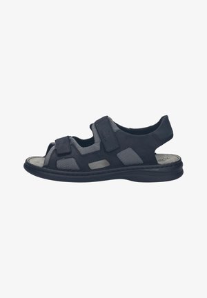 Zwarte herensandaal met open neus, grijze meshpanelen, twee verstelbare banden bovenop en een gevoerde zool.