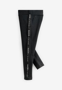Leggings noirs au design ajusté, dotés d'une taille texturée et de rayures latérales avec "BAKER by TED BAKER" en lettres blanches.