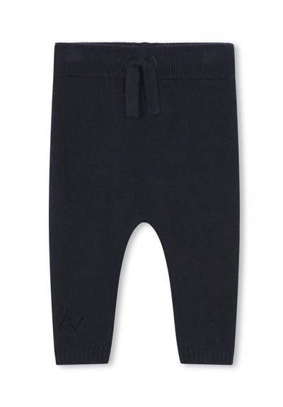 Marine gebreide leggings met een geribde tailleband en trekkoord, met een gestructureerde afwerking en een subtiel logo detail op het onderbeen.