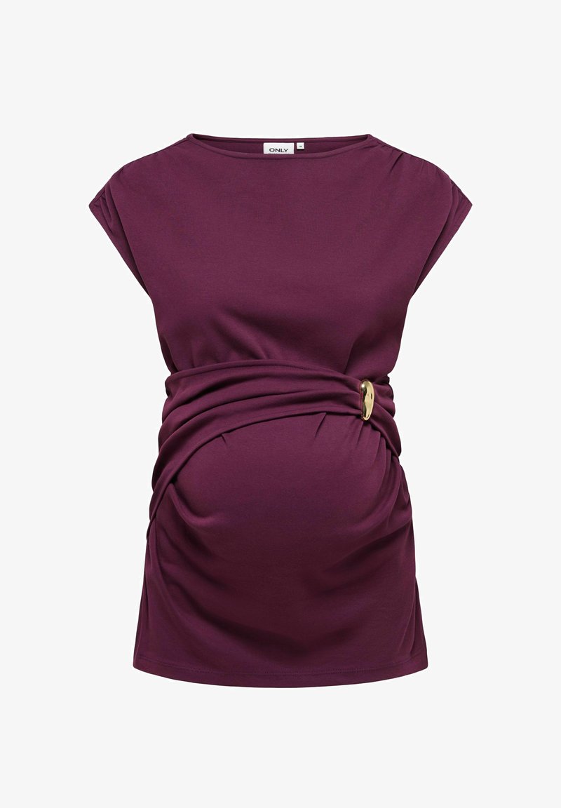 Haut de maternité violet à manches courtes, tissu froncé au niveau du ventre maintenu par un détail boucle dorée sur le côté.