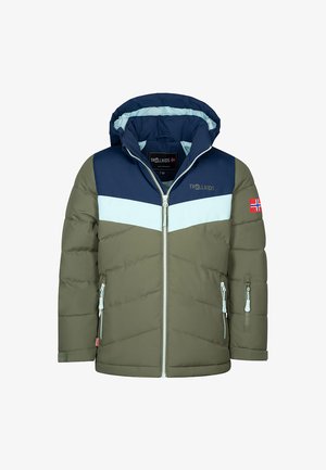 Children's padded winter jacket with olive green lower, light blue stripe, dark blue top, zip front, hood, and Norway flag patch on sleeve.