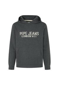 Sudadera gris oscura hecha de tela suave, que presenta un bolsillo frontal tipo canguro, puños acanalados y un texto en blanco en contraste que dice "PEPE JEANS LONDON W11."