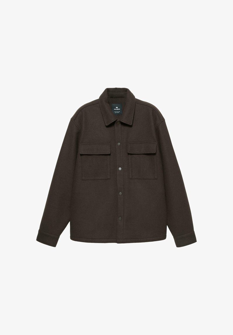 Braune Wollmischungjacke mit Kragen, zwei Fronttaschen und Knopfverschluss. Mit langen Ärmeln und geradem Saum.