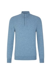 Pullover azzurro chiaro a maniche lunghe con colletto alto e mezza abbottonatura, realizzato in morbido tessuto a maglia.