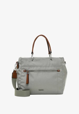 Pelēks neilona roku somiņa ar brūnām ādas detaļām, divām rokturām, noņemamu plecu siksnu, priekšējo kabatu ar rāvējslēdzēju un sudraba detaļām.