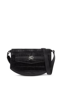 Borsa a tracolla in ecopelle nera effetto coccodrillo con silhouette strutturata, dettaglio logo argento e tracolla regolabile. Presenta una tasca frontale.