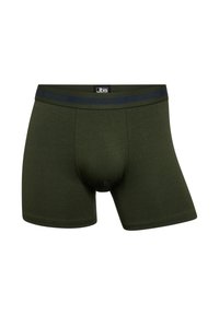 Grønne bomulds boxer briefs med tætsiddende design, featuring en sort elastik med "JBS Underwear" logo. Blød tekstur og midt-lår længde.