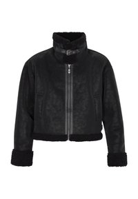 Mustat lyhyet takki tekonahkaisella pinnalla ja pehmeillä fleece-mantteleilla ja hihansuilla. Varustettu edessä vetoketjulla ja sivutaskuilla.