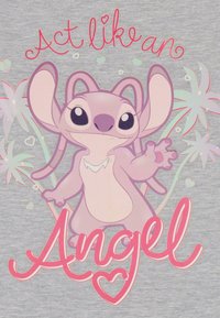 Tessuto grigio con un personaggio dei cartoni animati dai grandi orecchi e il corpo rosa, circondato da palme e il testo "Act lik van Angel" in rosa.
