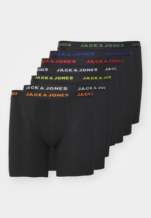Six pairs of black boxer shorts with elastic waistbands in various colors, featuring the text "JACK & JONES" in contrasting hues.