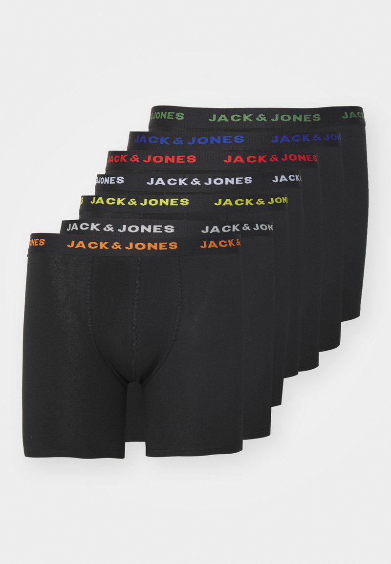 Sechs Paar schwarze Boxershorts mit elastischen Bündchen in verschiedenen Farben, die den Schriftzug "JACK & JONES" in kontrastierenden Tönen zeigen.