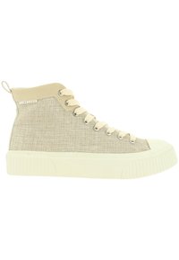 Hochtop-Sneaker aus beigem strukturiertem Stoff mit cremefarbenen Gummisohlen, ausgestattet mit Schnürdesign, Metallösen und einer Schlaufe hinten für einfaches Anziehen.